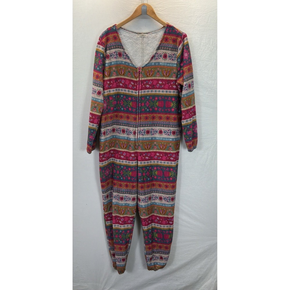 Natural Life Womens Floral Patchwork Fleece Zip Up Jumpsuit Pajama Sz M Lounge